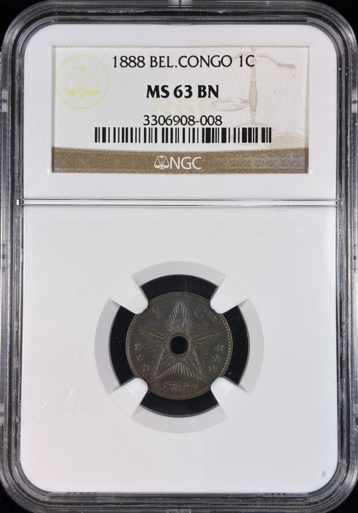 【雨安】【直播拍卖】【世界币章121期-评级币】2025-12-20 周六 19:30 保真 [评级欧洲] Belgian Congo 比属刚果 1分 1888年  NGC-MS63