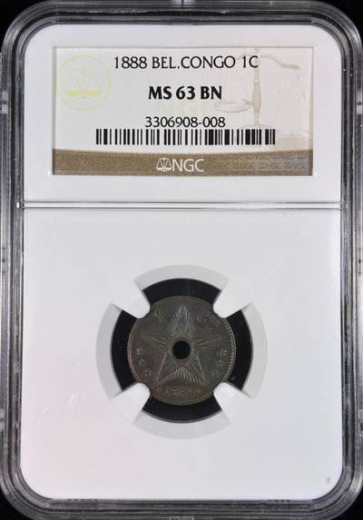 【雨安】【直播拍卖】【世界币章121期-评级币】2025-12-20 周六 19:30 保真 - [评级欧洲] Belgian Congo 比属刚果 1分 1888年  NGC-MS63