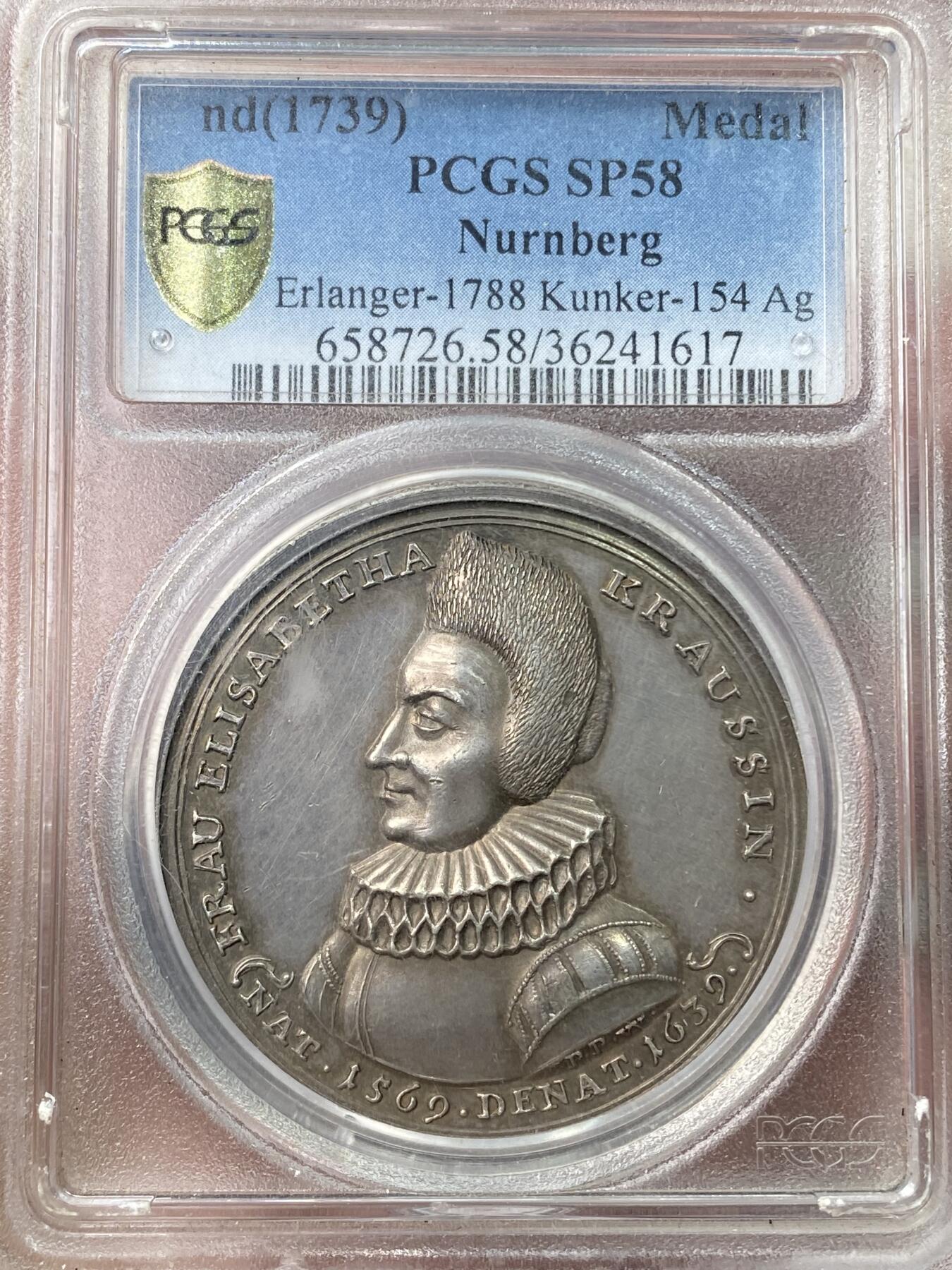 万国钱币拍卖第057期（万国冬季大拍） PCGS SP58  1739年德国纽伦堡商人和慈善家伊丽莎白·克劳斯逝世100周年纪念大银章 其创建的伊丽莎白·克劳斯基金会建立了孤儿院、资助学校并提供四年奖学金 43.2MM 29.67G 当年仅作为赠送出席基金会百周年之际在场的贵宾 非常罕见的18世纪高浮雕收藏级品种
