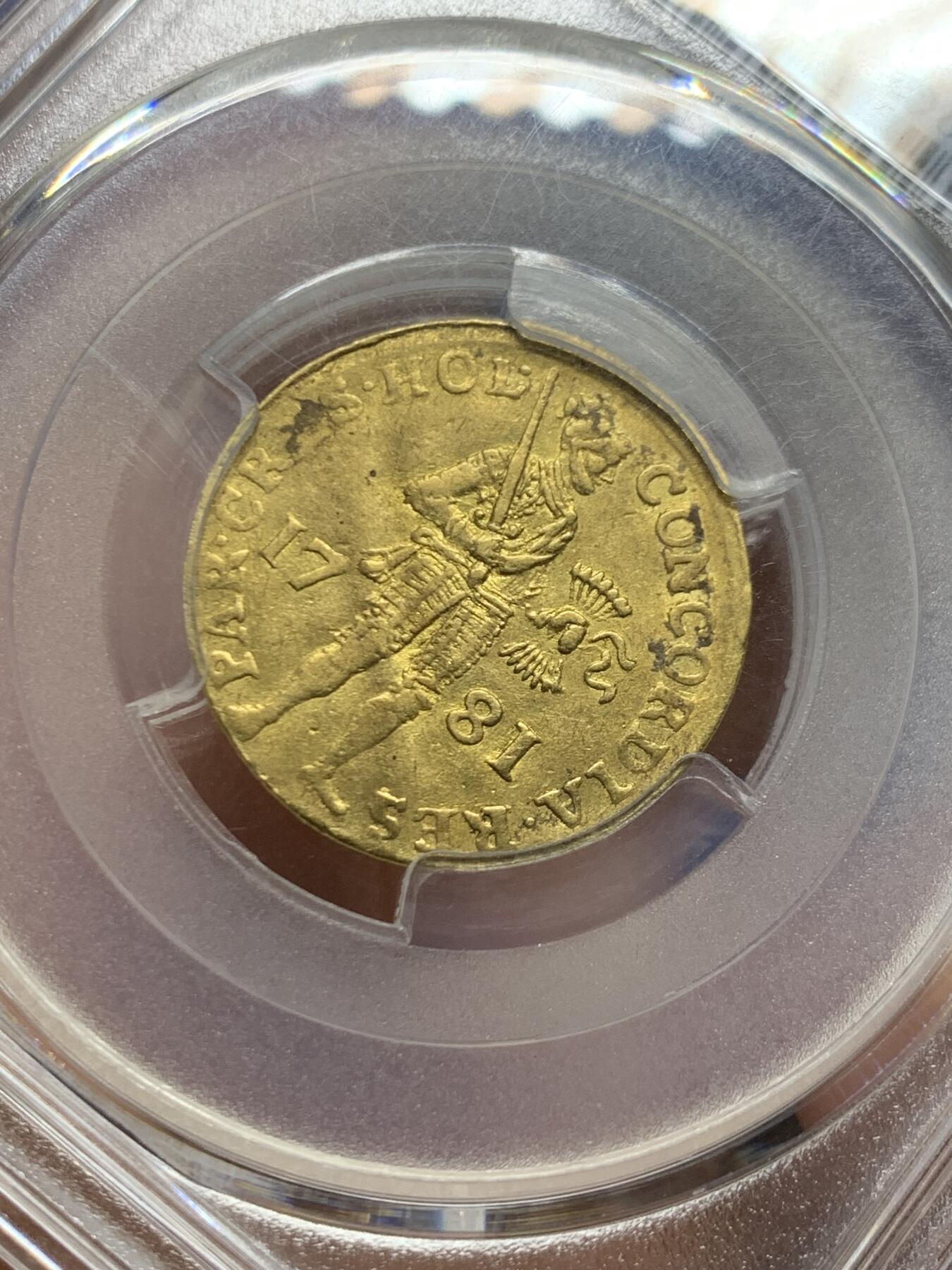 《竞宝斋》第447场 周日，周一，2场连拍 （全场包邮） PCGS AU58 荷兰武士1781年金币 986金，3.49克，非常稀有的品种，季军分，更高分仅两枚！