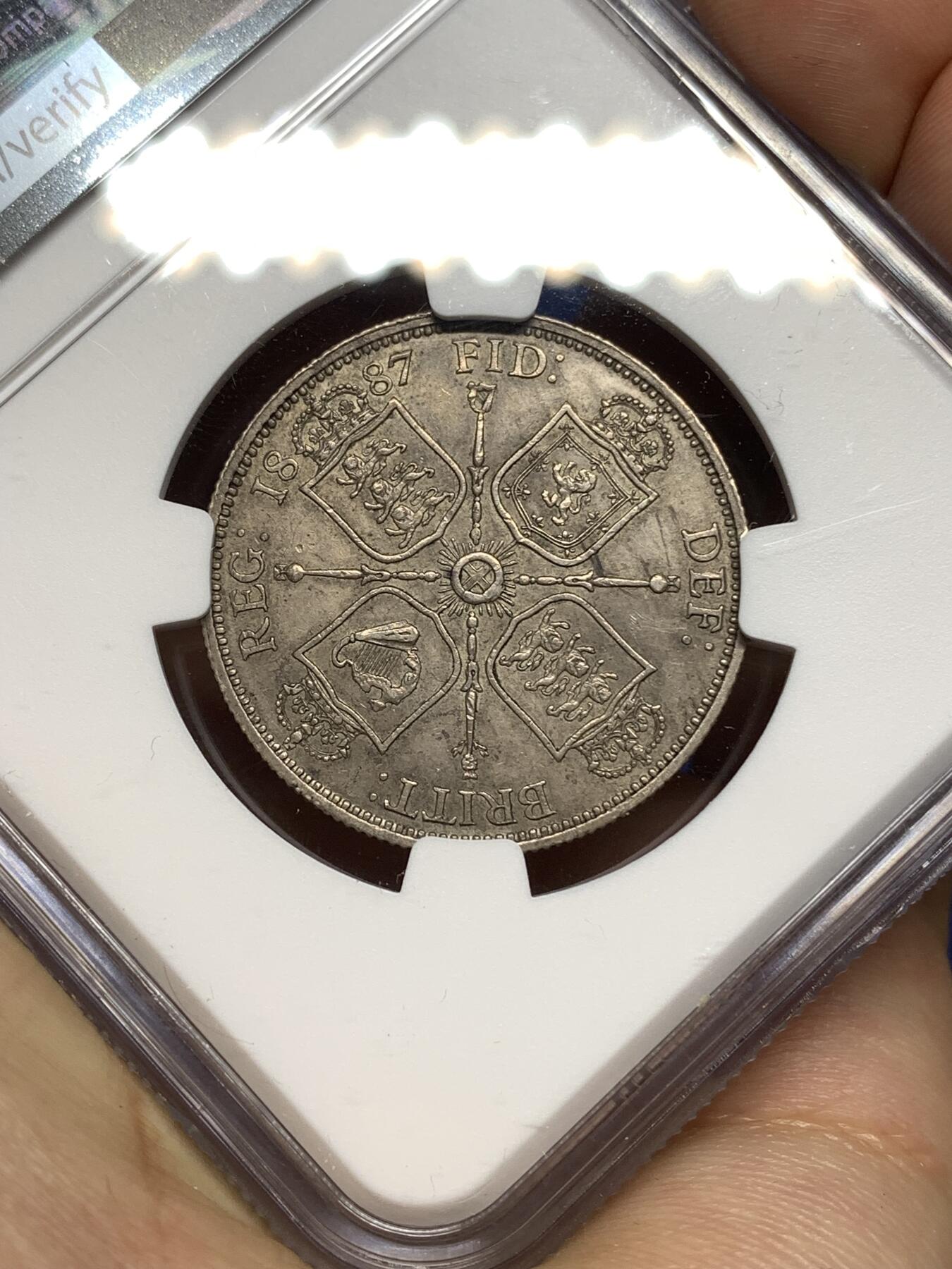 《竞宝斋》第447场 周日，周一，2场连拍 （全场包邮） NGC AU58 英国1887弗洛林银币，经典英伦包浆，略有低评。