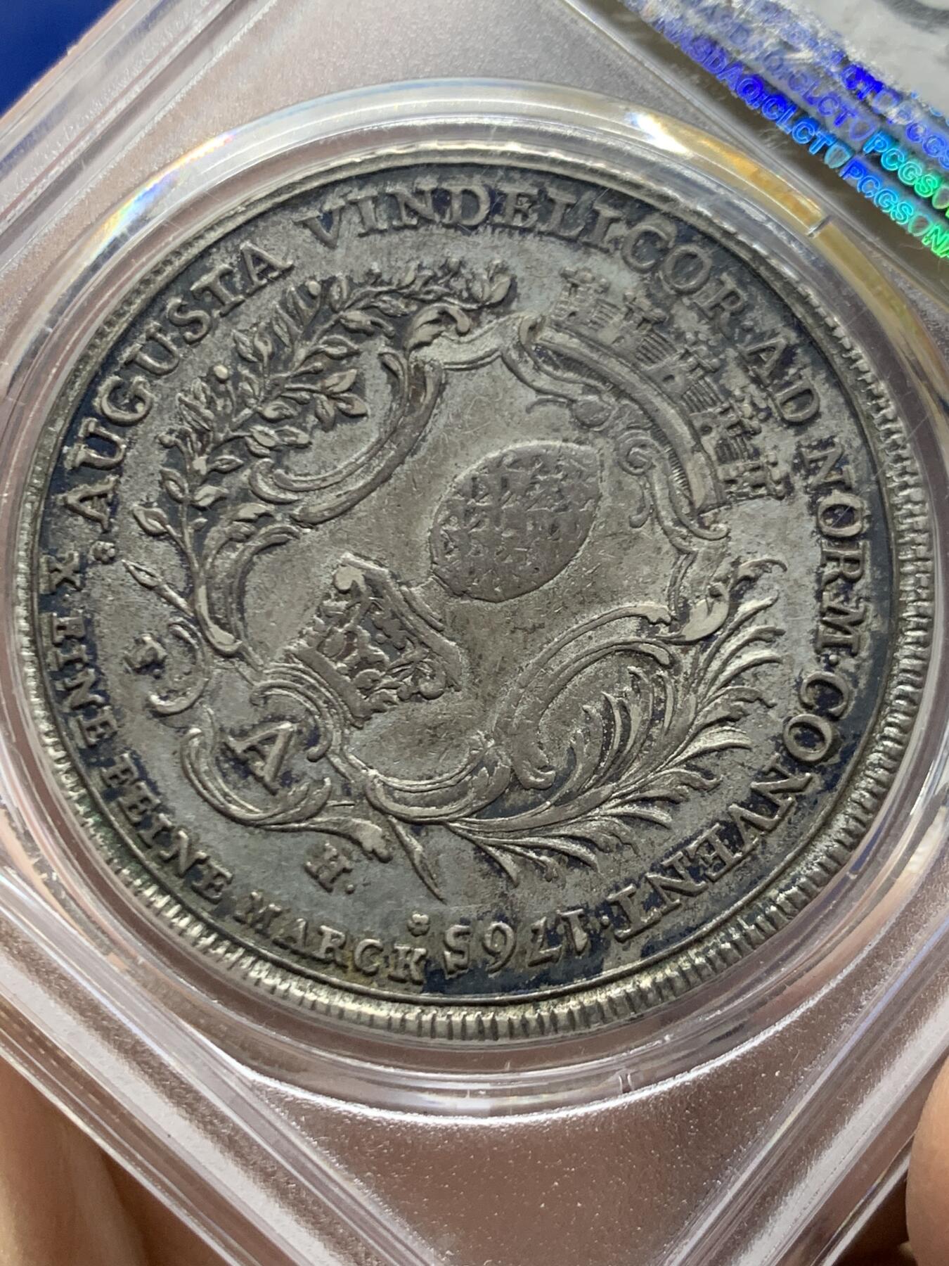 《竞宝斋》第447场 周日，周一，2场连拍 （全场包邮） PCGS AU50 德国1765年奥格斯堡1泰勒银币，老彩细节好，少见版。