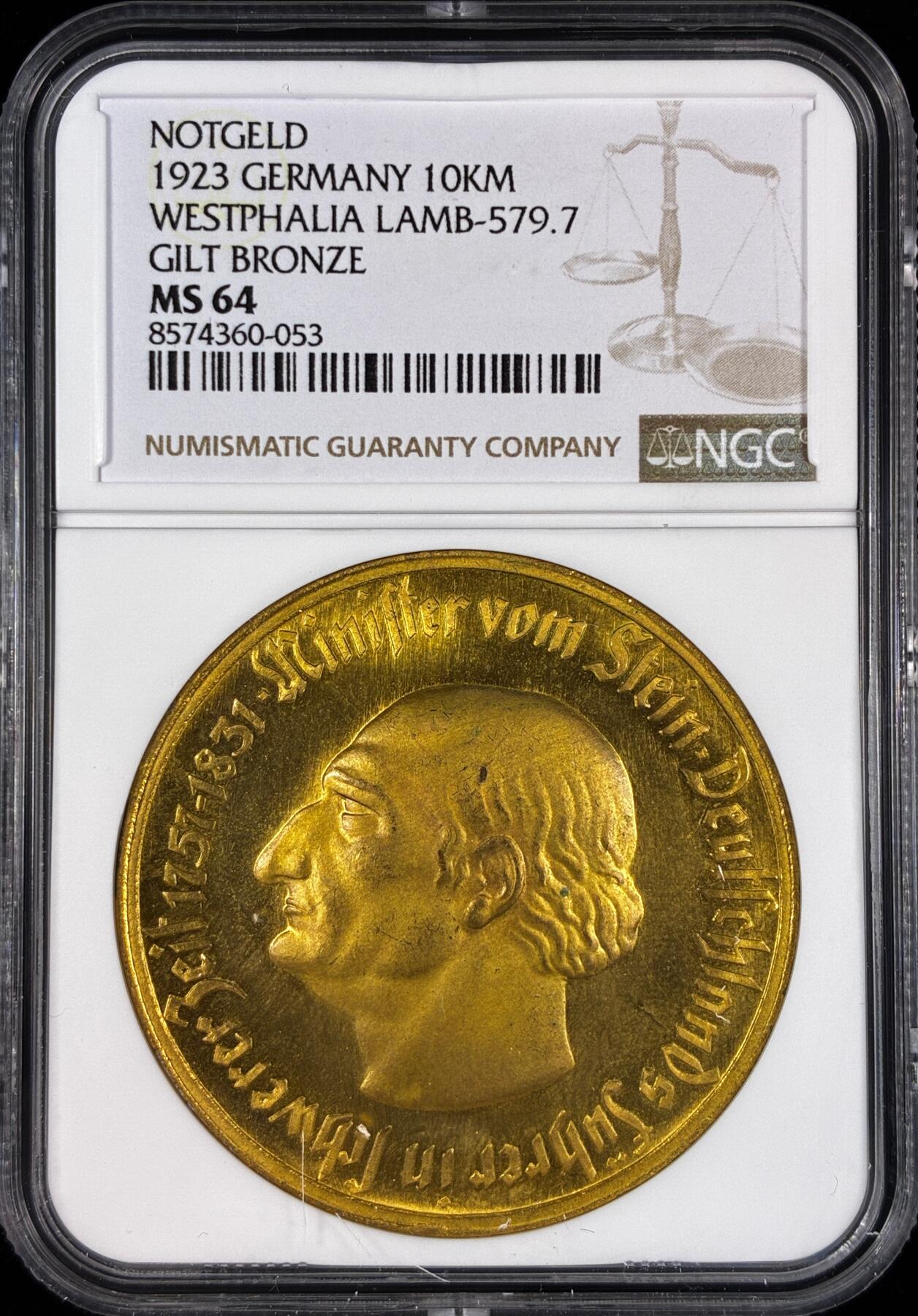 【雨安】【直播拍卖】【世界币章121期-评级币】2025-12-20 周六 19:30 保真 [评级德国] Germany 德国 德紧 威斯特法伦 10000马克 1923年  NGC-MS64