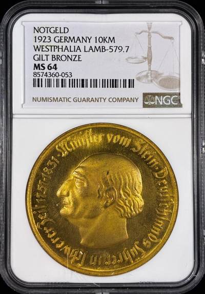 【雨安】【直播拍卖】【世界币章121期-评级币】2025-12-20 周六 19:30 保真 - [评级德国] Germany 德国 德紧 威斯特法伦 10000马克 1923年  NGC-MS64