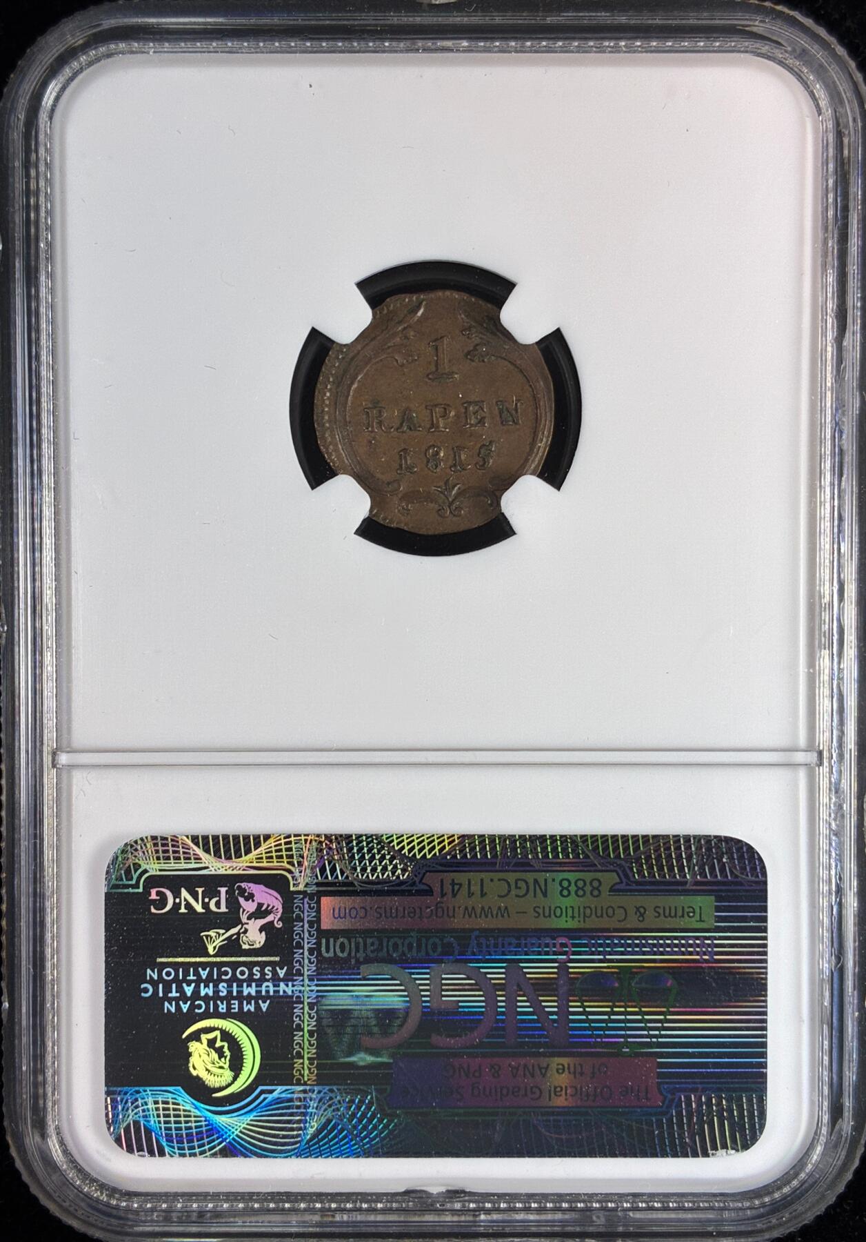 【雨安】【直播拍卖】【世界币章121期-评级币】2025-12-20 周六 19:30 保真 [评级欧洲] Switzerland 瑞士 施维茨 1分 1815年  NGC-AU58