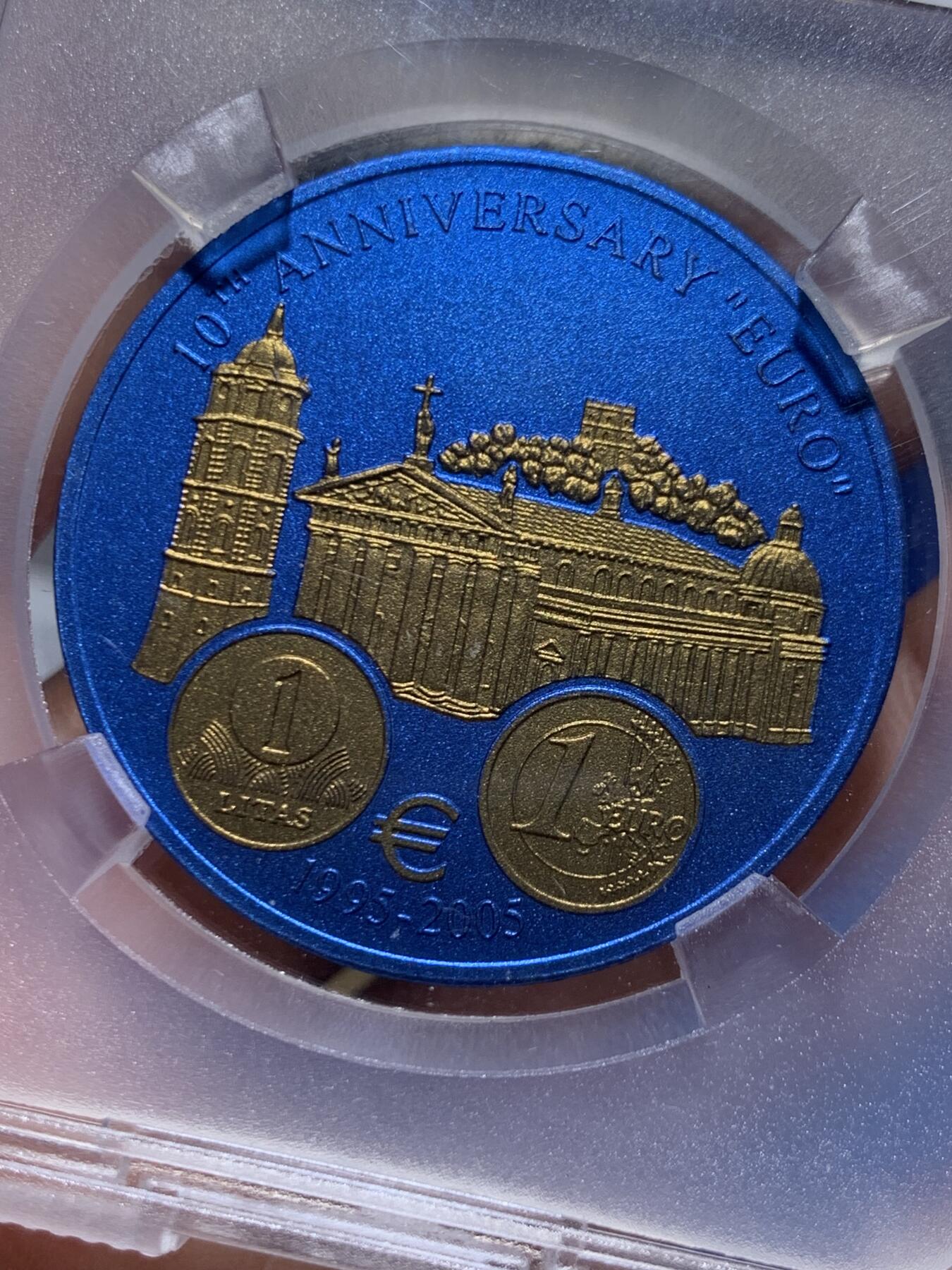 《竞宝斋》第447场 周日，周一，2场连拍 （全场包邮） TQG MS69 利比里亚2006年欧元10周年纪念-立陶宛5元蓝铌币 7.78克 发行量：1万