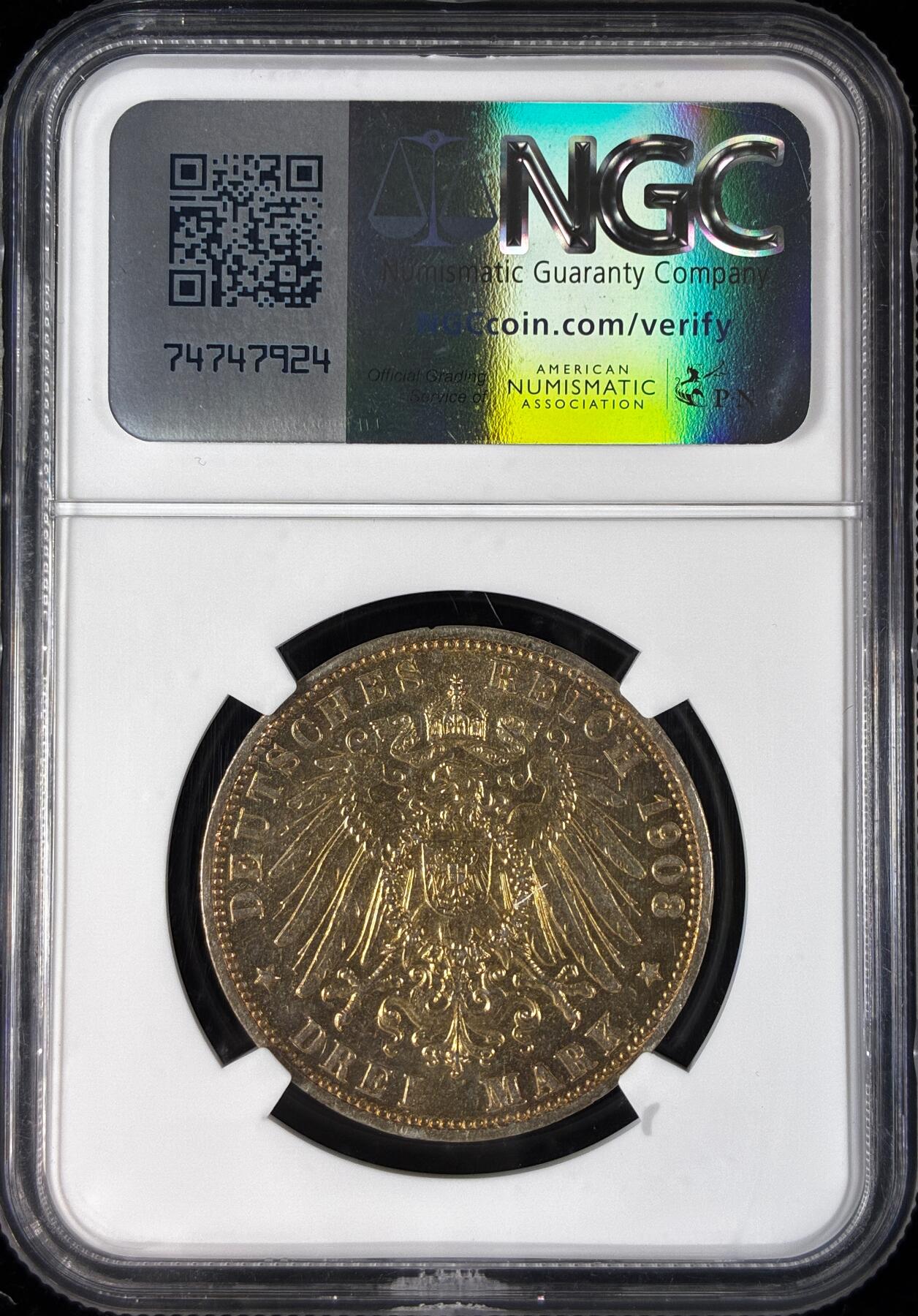 【雨安】【直播拍卖】【世界币章121期-评级币】2025-12-20 周六 19:30 保真 [评级德国] Germany 德国 帝国 汉堡 3马克 1908年  NGC-MS62 五彩黄金包浆