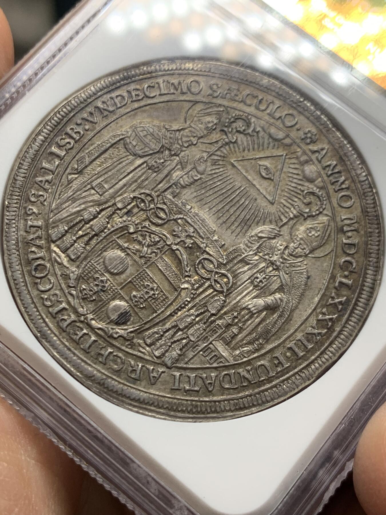 《竞宝斋》第447场 周日，周一，2场连拍 （全场包邮） NGC MS63 奥地利萨尔茨堡 1682年 主教区建立1100年泰勒大银币 光度极好 细节精美 稀少品种 包浆自然 老币最合适的状态