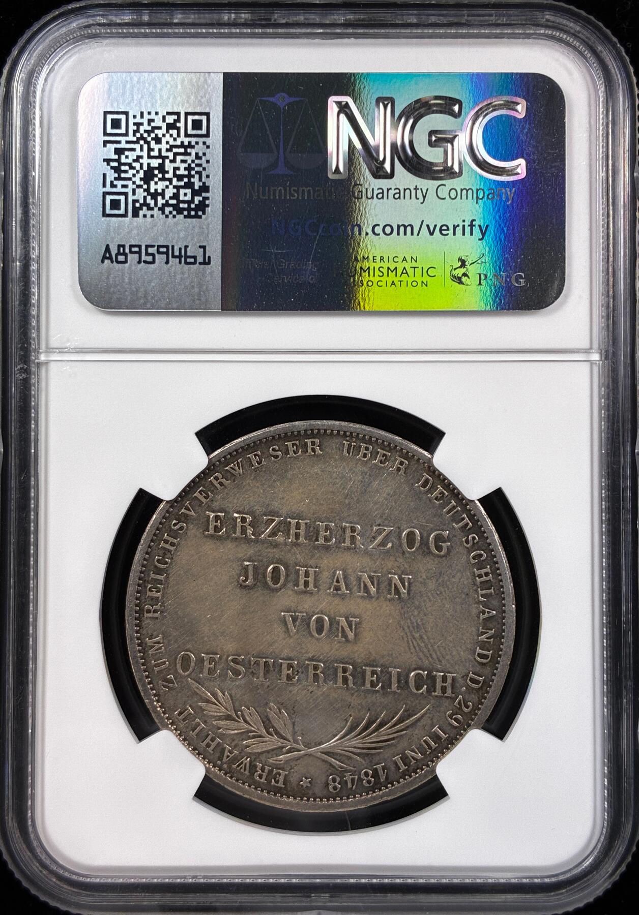 【雨安】【直播拍卖】【世界币章121期-评级币】2025-12-20 周六 19:30 保真 [评级德国] Germany 德国 德意志 2盾 Frankfurt法兰克福 Thun.135 KM#0338 (1848) 奥地利大公 1848年  NGC-UNC