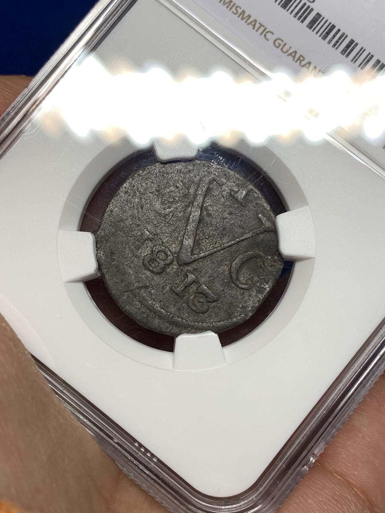 《竞宝斋》第447场 周日，周一，2场连拍 （全场包邮） NGC VFD Java（印度尼西亚国家）1813年1DUIT锡币