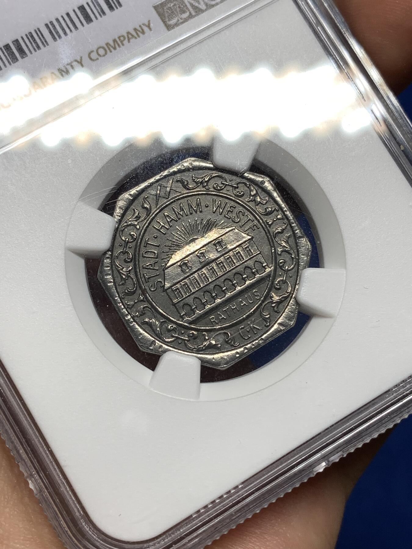 《竞宝斋》第447场 周日，周一，2场连拍 （全场包邮） NGC MS64 德国哈姆 1919年 50芬尼 市政厅 铁币