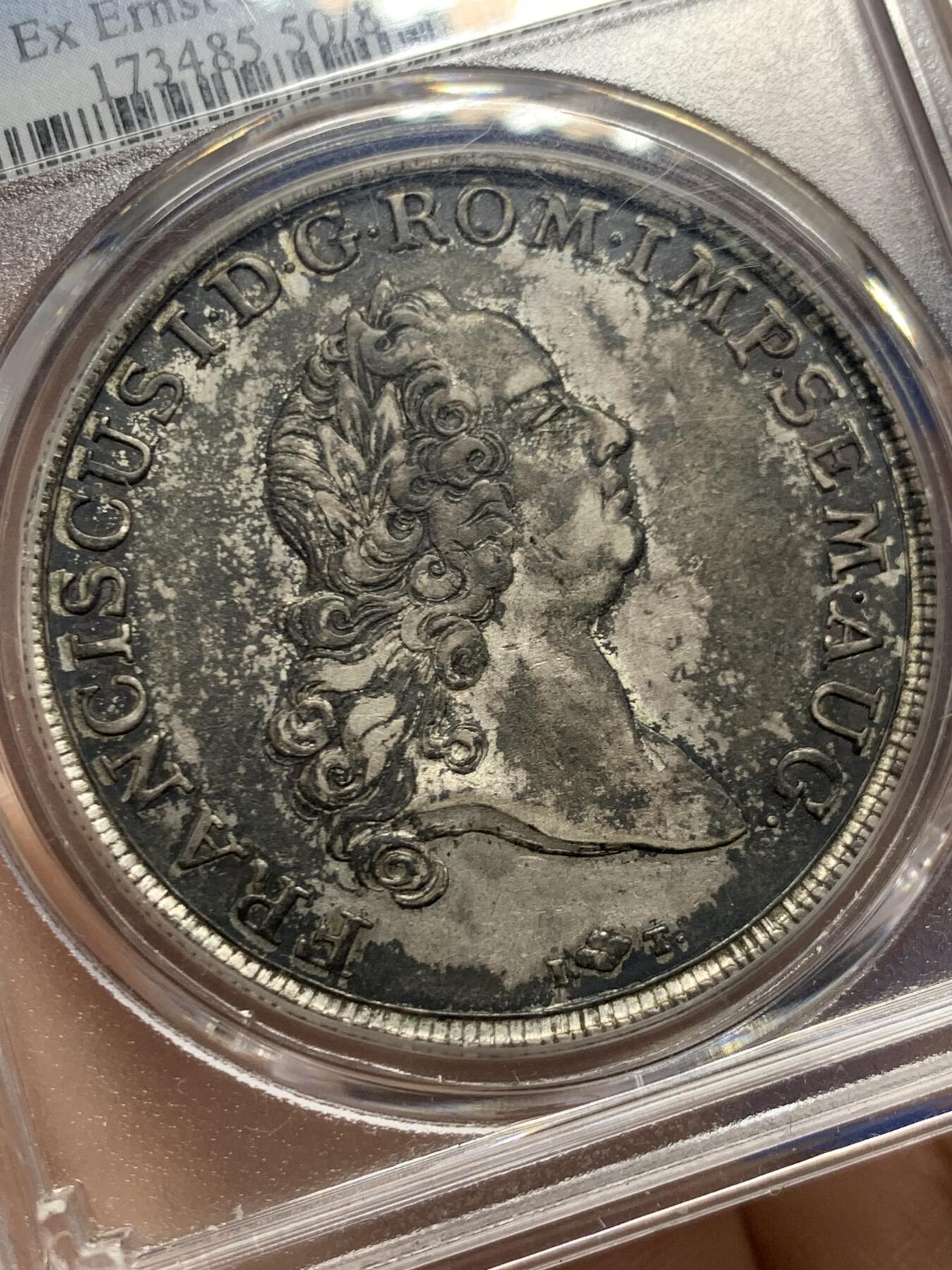 《竞宝斋》第447场 周日，周一，2场连拍 （全场包邮） PCGS AU50 德国1765年奥格斯堡1泰勒银币，老彩细节好，少见版。