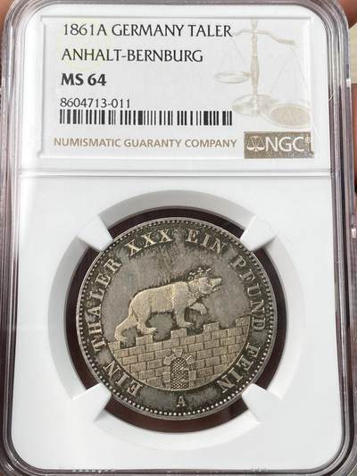 万国钱币拍卖第057期（万国冬季大拍） - NGC MS64 1861年德国安哈尔特-贝恩堡小熊流通矿业泰勒  发行量仅1万枚 原味欧陆老五彩全熊毛  NGC唯一冠军分 不可多得的一枚顶级品质小熊