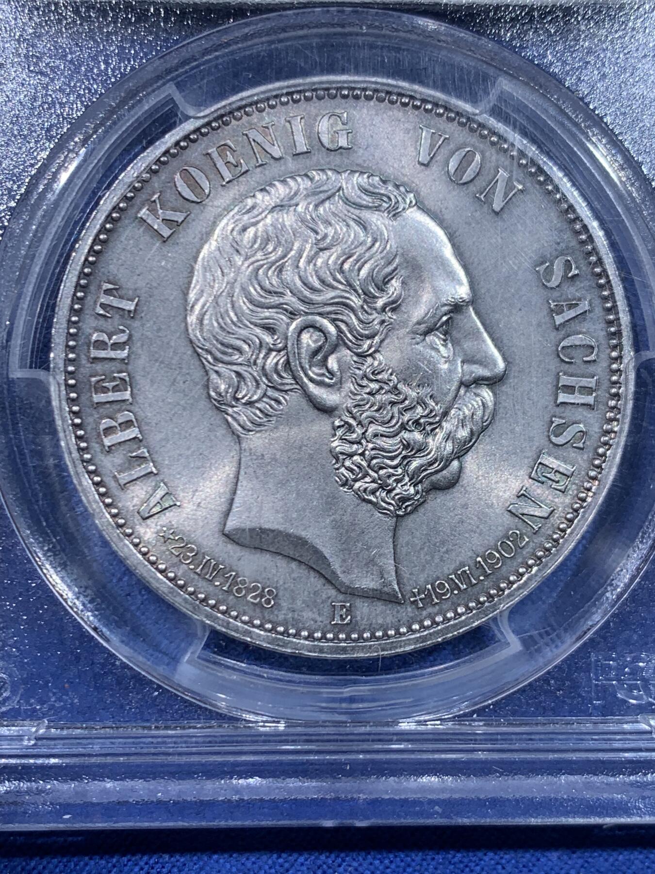 《竞宝斋》第447场 周日，周一，2场连拍 （全场包邮） PCGS MS64+ 德国 1902年 萨克森逝世纪念5马克 银灰色包浆很有质感