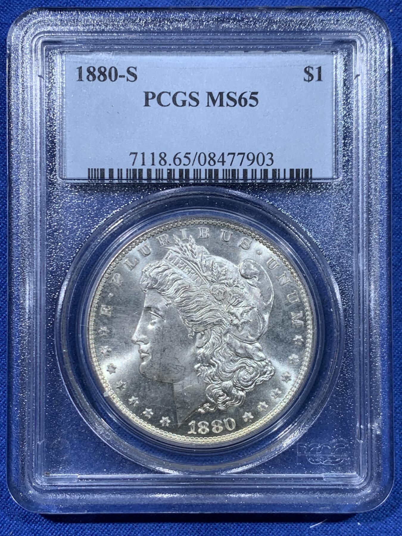 《竞宝斋》第447场 周日，周一，2场连拍 （全场包邮） PCGS MS65 美国 1880-S 摩根 1美元银币