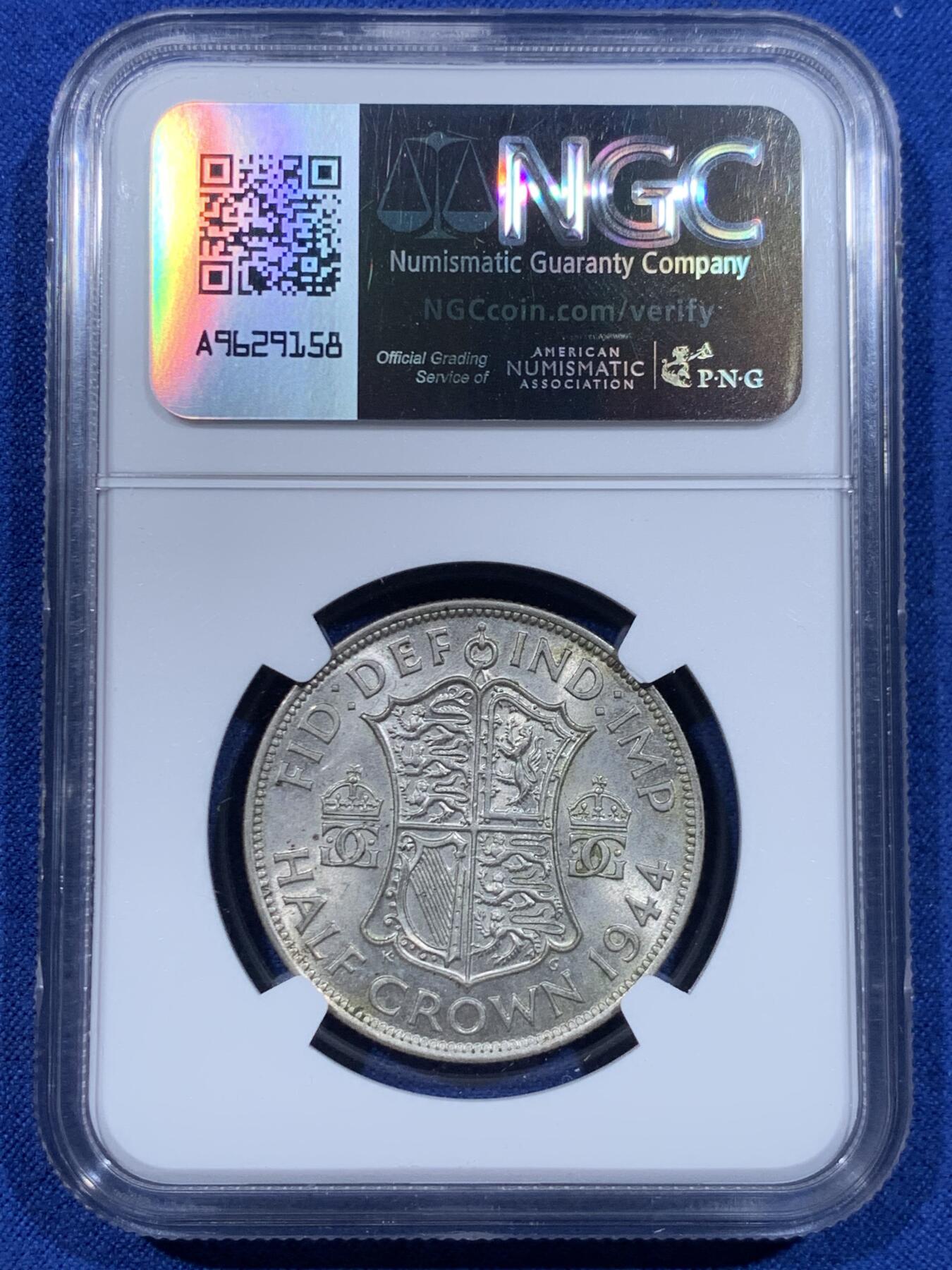 《竞宝斋》第447场 周日，周一，2场连拍 （全场包邮） NGC MS63 英国1944乔治六世半克朗银币，转光流利品相好，不容错过的状态