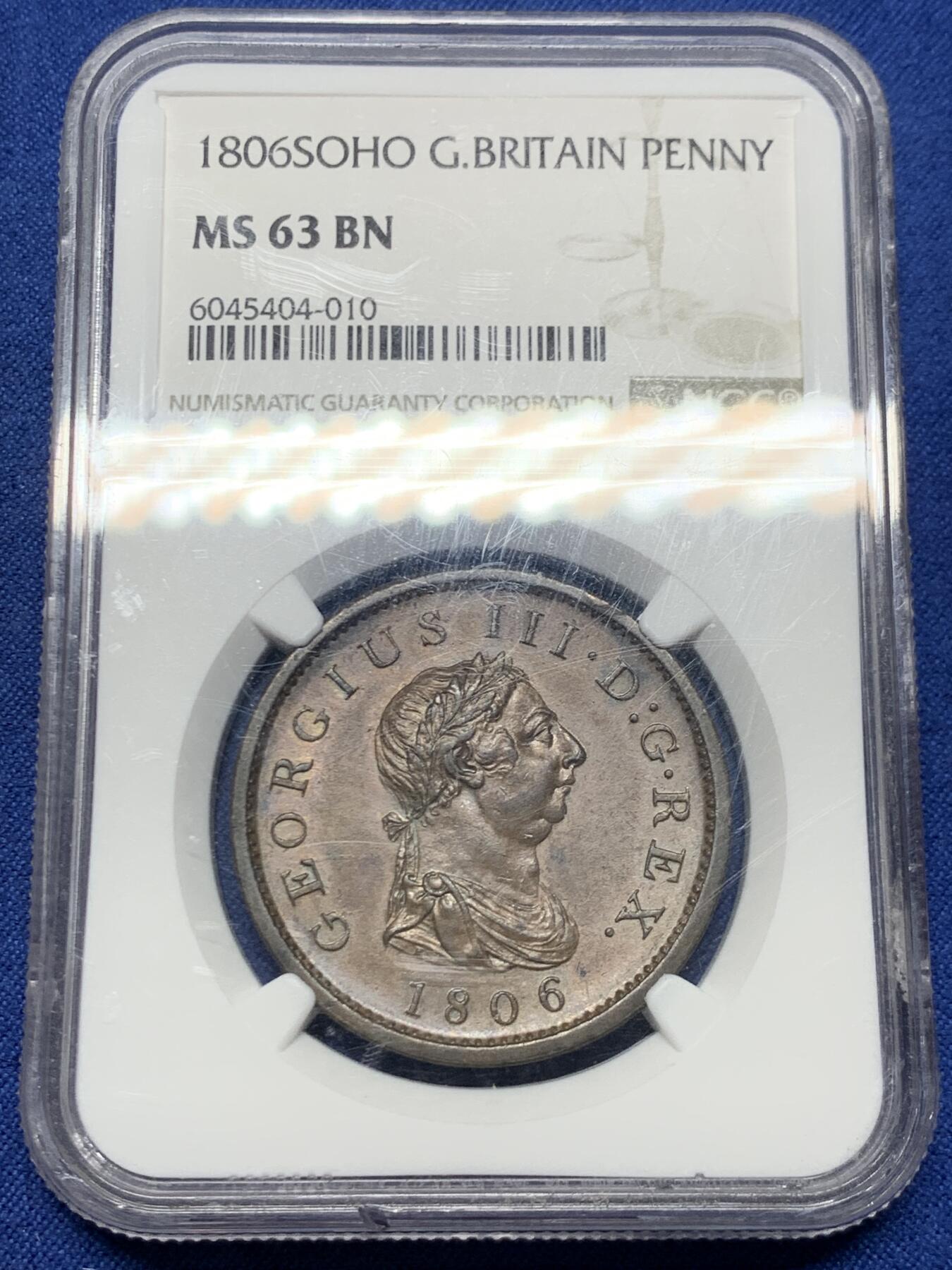 《竞宝斋》第447场 周日，周一，2场连拍 （全场包邮） NGC MS63BN 英国1806乔三1便士大铜，SOHO铸造的经典款，温润厚重的巧克力色光泽，代表了铜币最理想的保存状态。