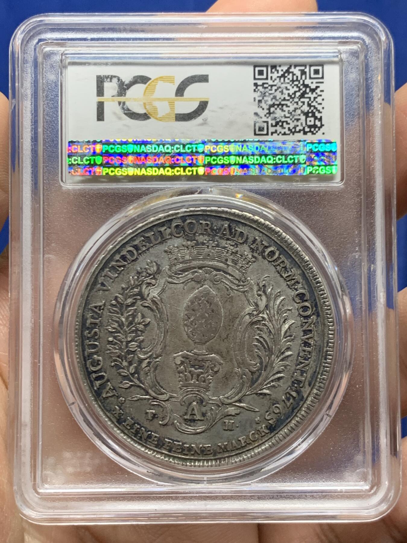 《竞宝斋》第447场 周日，周一，2场连拍 （全场包邮） PCGS AU50 德国1765年奥格斯堡1泰勒银币，老彩细节好，少见版。