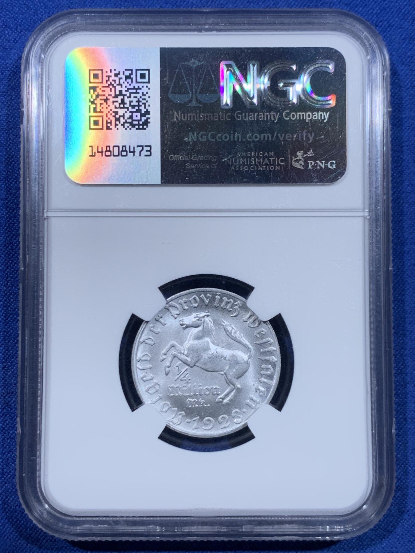 《竞宝斋》第447场 周日，周一，2场连拍 （全场包邮） NGC MS63 德国1923年德紧威斯特法伦马币 25万马克铝币 盒子左下角有磕 细节见图