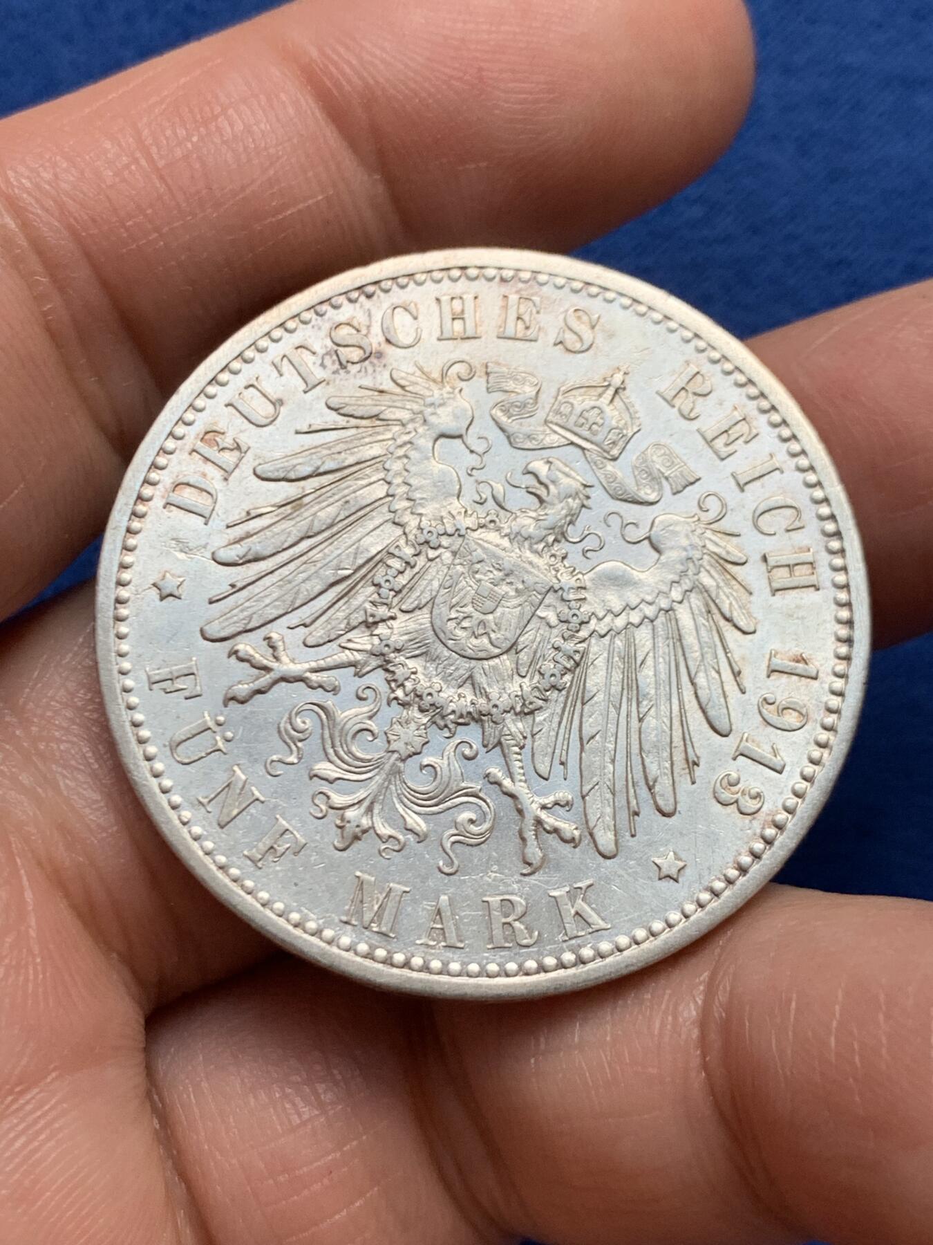 《竞宝斋》第447场 周日，周一，2场连拍 （全场包邮） 德国 1913J 双狮5马克银币 全鬃毛高点清晰 尚有转光 细节见图