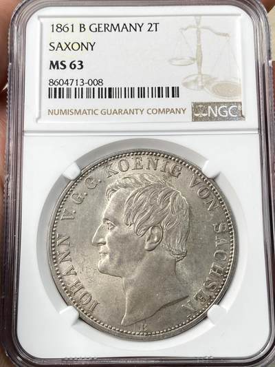 万国钱币拍卖第057期（万国冬季大拍） - NGC MS63 1861年德国萨克森双狮纹章流通2泰勒 仅单年发行的萨克森2泰勒高难品种 好品极其稀少 高分难度不输小邦 丝绸转光典藏级状态 错过难寻的存在