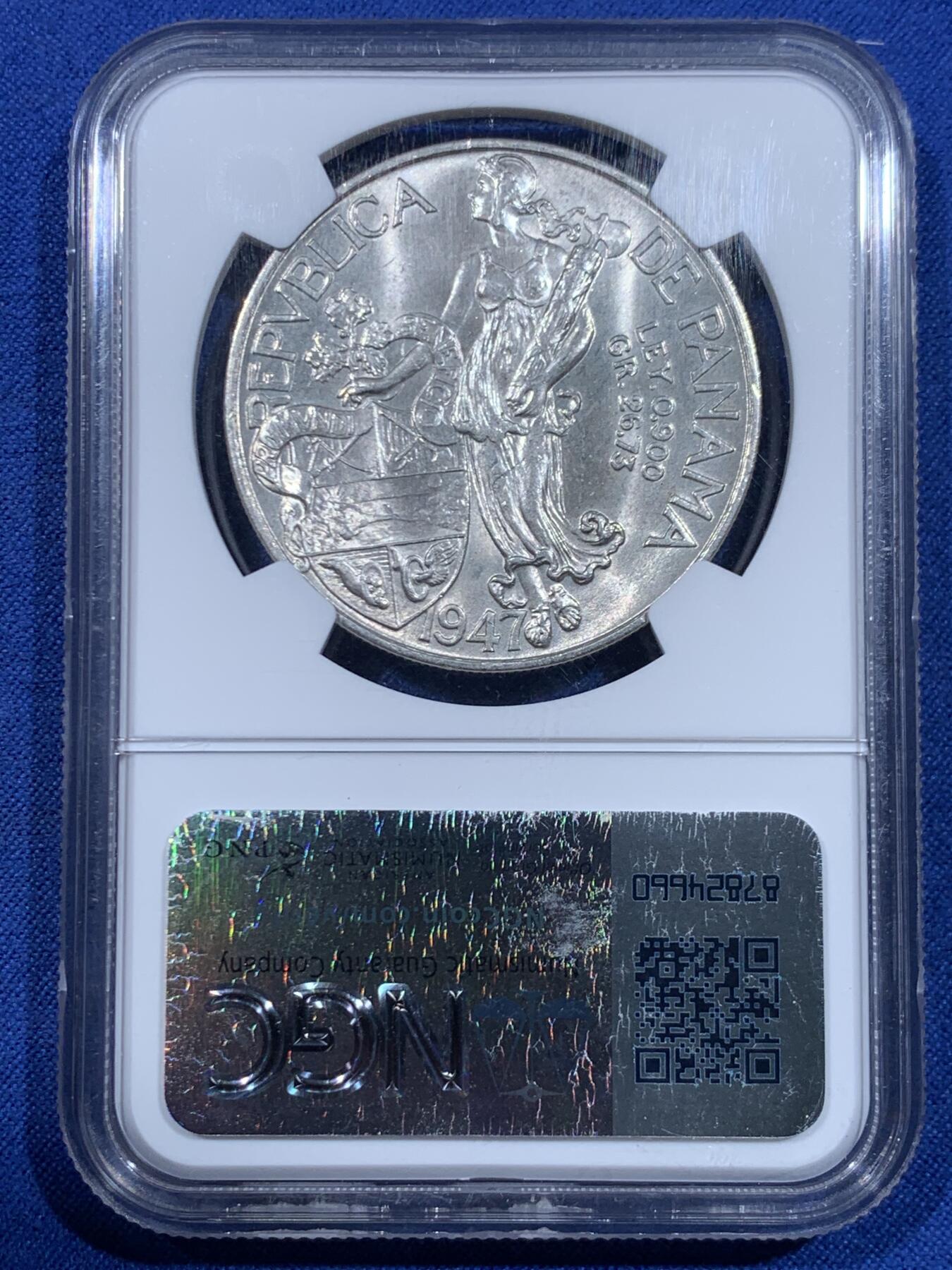 《竞宝斋》第447场 周日，周一，2场连拍 （全场包邮） NGC MS63 巴拿马1947年1巴波亚银币 女神系大银币 原汁原味银霜包浆 状态极佳