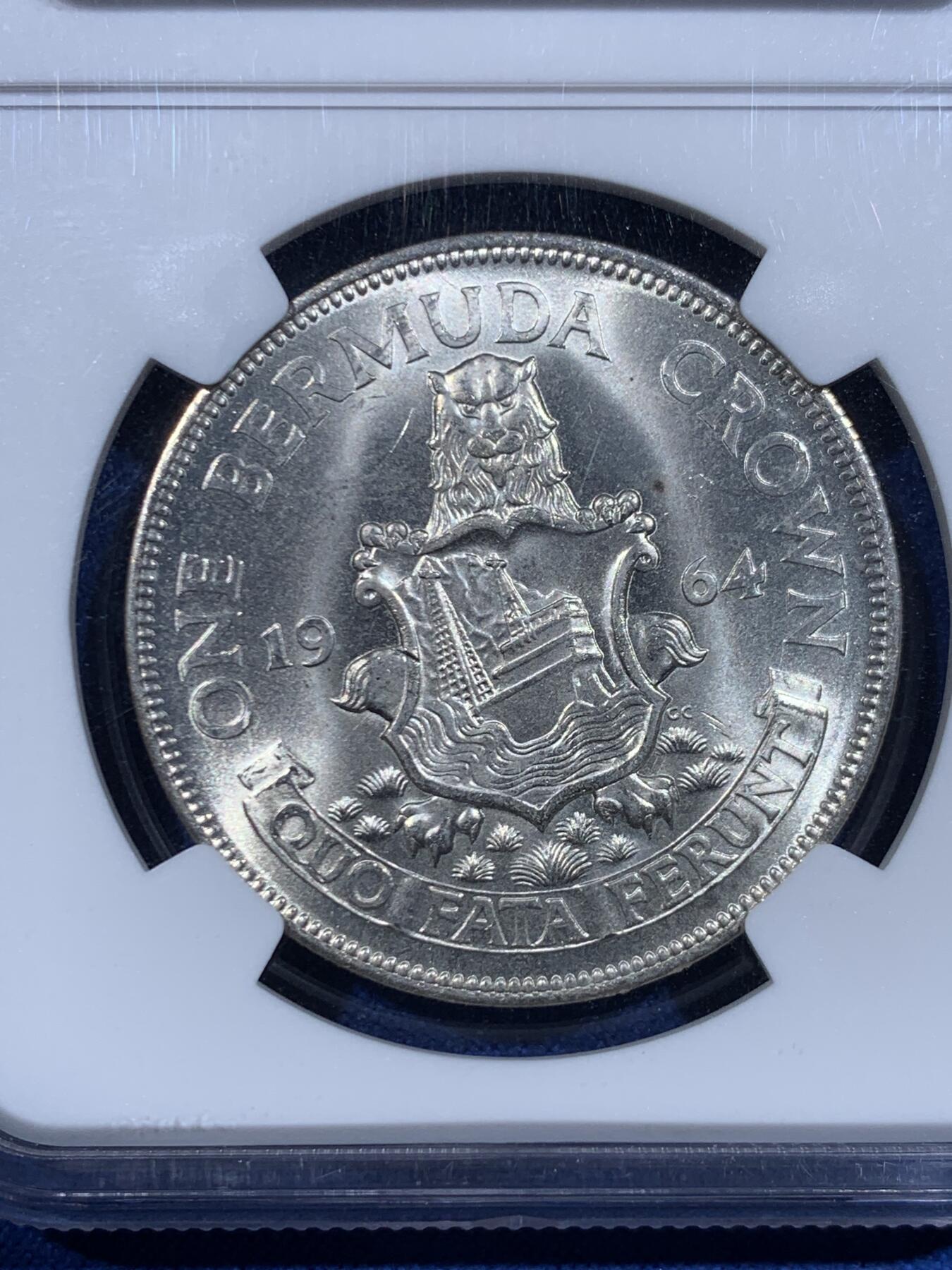 《竞宝斋》第447场 周日，周一，2场连拍 （全场包邮） NGC MS64 英属百慕大1964年伊丽莎白二世1克朗大银币