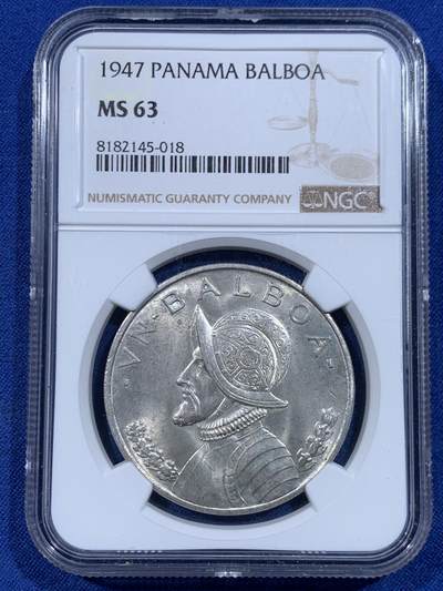 《竞宝斋》第447场 周日，周一，2场连拍 （全场包邮） - NGC MS63 巴拿马1947年1巴波亚银币 女神系大银币 原汁原味银霜包浆 状态极佳