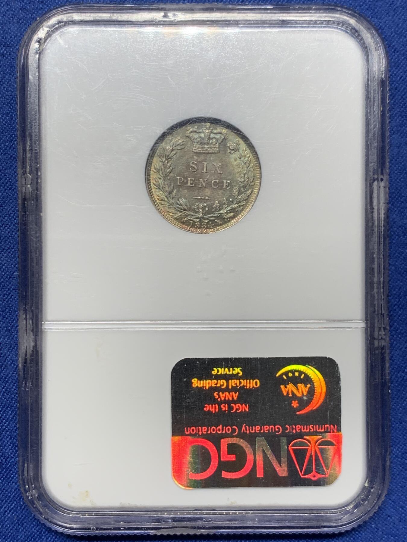 《竞宝斋》第447场 周日，周一，2场连拍 （全场包邮） NGC MS64 英国1884年维多利亚6便士银币，老白盒品质好，原味英伦包浆。