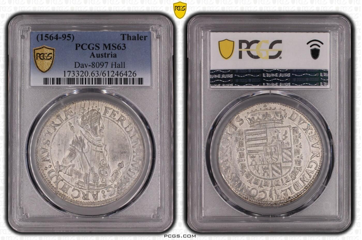 【雨安】【直播拍卖】【世界币章121期-评级币】2025-12-20 周六 19:30 保真 [评级欧洲] Austria 奥地利 1泰勒 Early早期无纪年 斐迪南二世 (1564-95)  PCGS-MS63 凝霜粉光 一流品相 更高分数仅2枚
