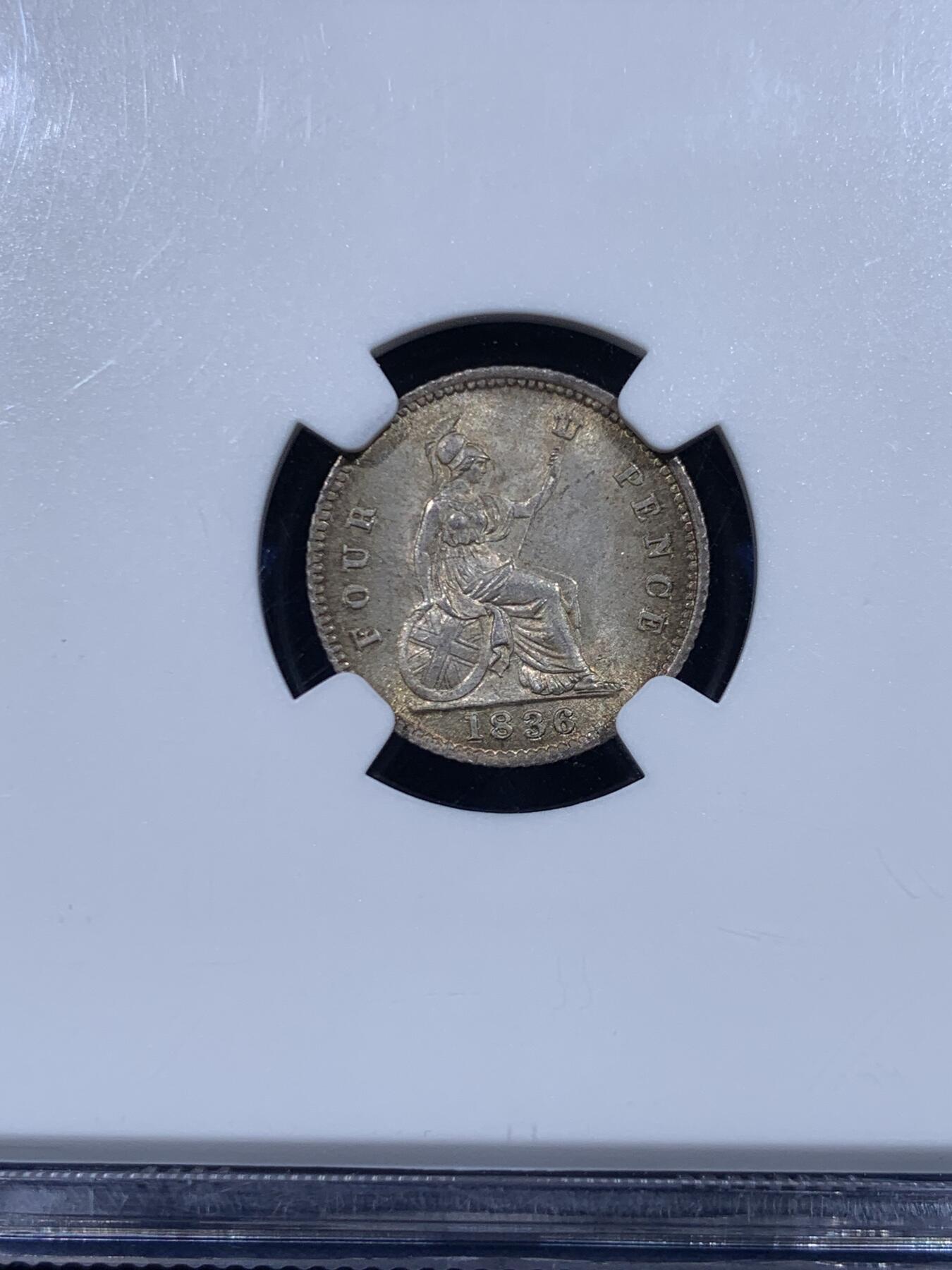 《竞宝斋》第447场 周日，周一，2场连拍 （全场包邮） NGC MS64 英国 1836年 威廉四世 4便士银币 深彩包浆 转光明显