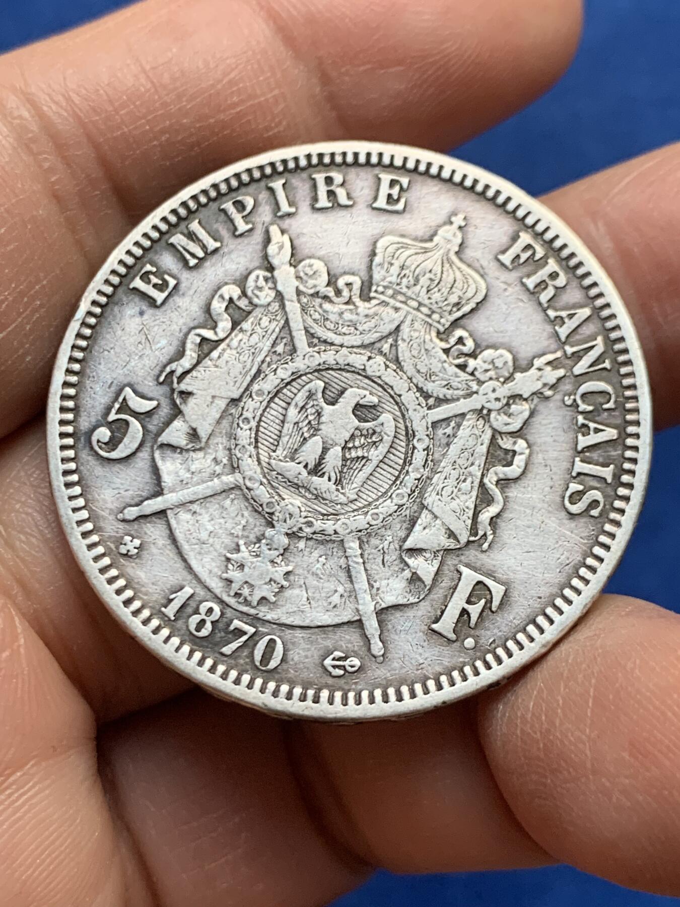 《竞宝斋》第447场 周日，周一，2场连拍 （全场包邮） 法国1870年拿破仑三世5法朗银币