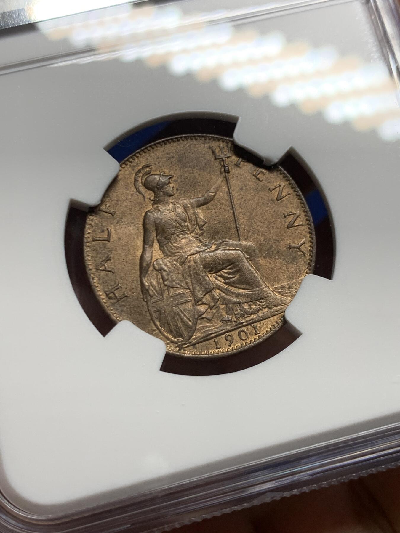 《竞宝斋》第447场 周日，周一，2场连拍 （全场包邮） NGC MS63RB 英国1901年1/2便士铜币，维多利亚披纱头像，铜光不错