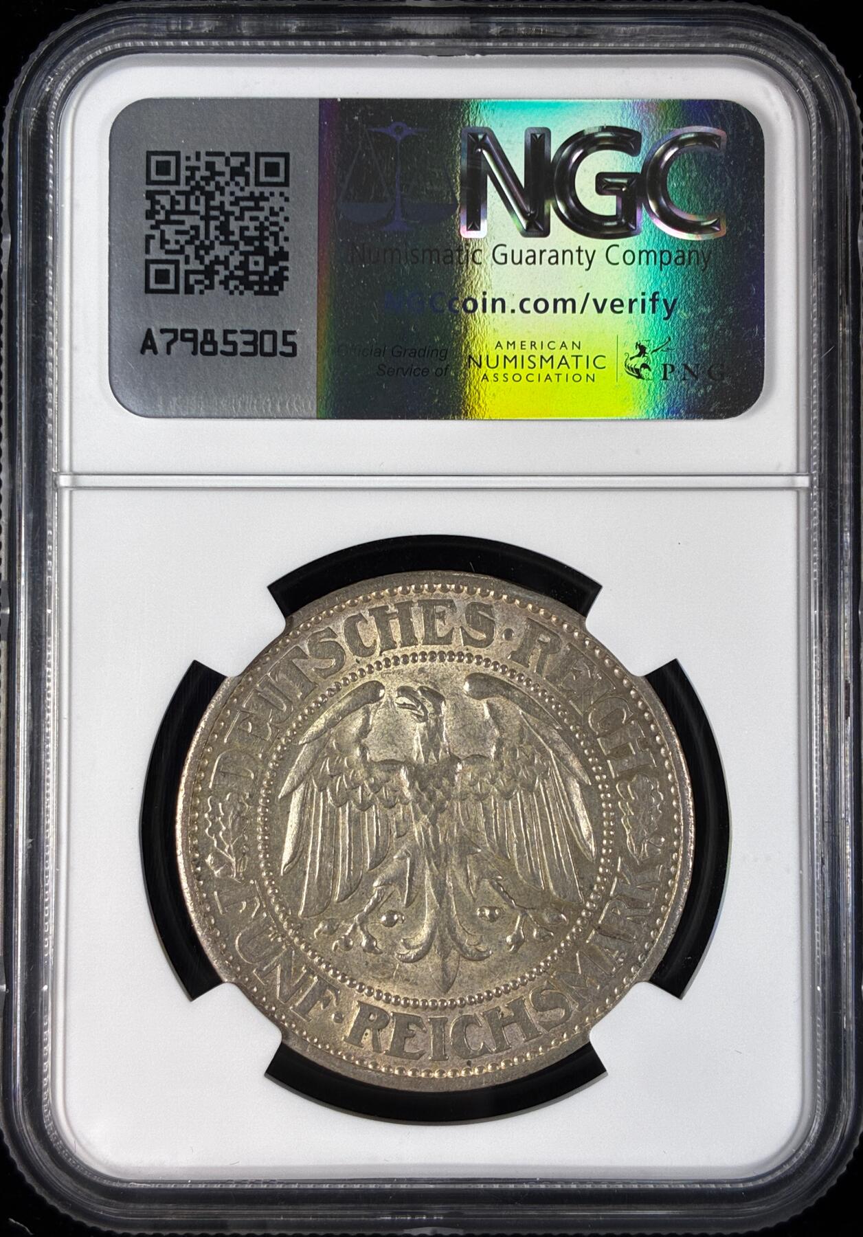 【雨安】【直播拍卖】【世界币章121期-评级币】2025-12-20 周六 19:30 保真 [评级德国] Germany 德国 魏玛 5马克 KM#56 橡树 1932年F  NGC-MS63