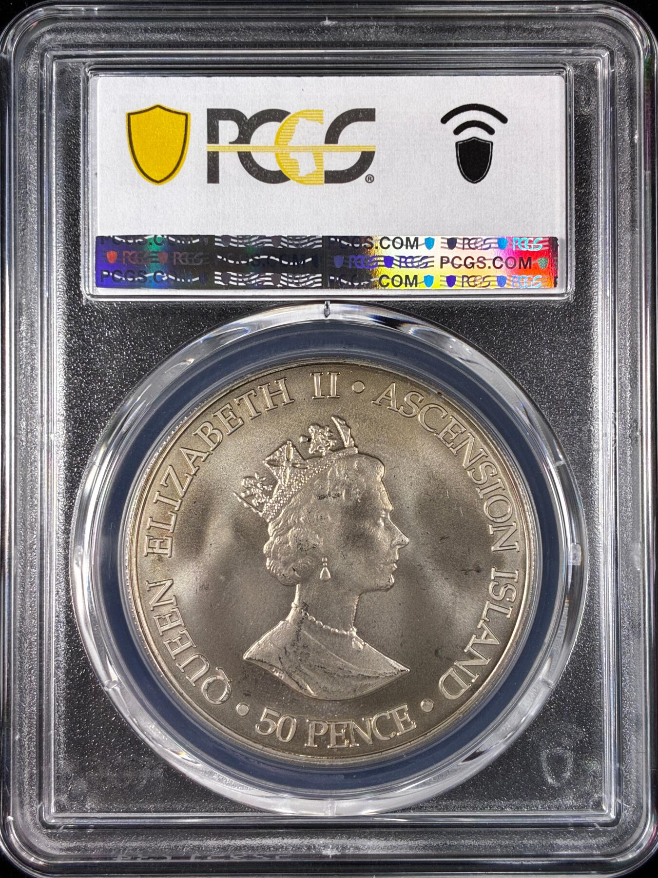 【雨安】【直播拍卖】【世界币章121期-评级币】2025-12-20 周六 19:30 保真 [评级现代] Ascension Island 阿森松岛 50便士 2000年 女王  PCGS-MS67