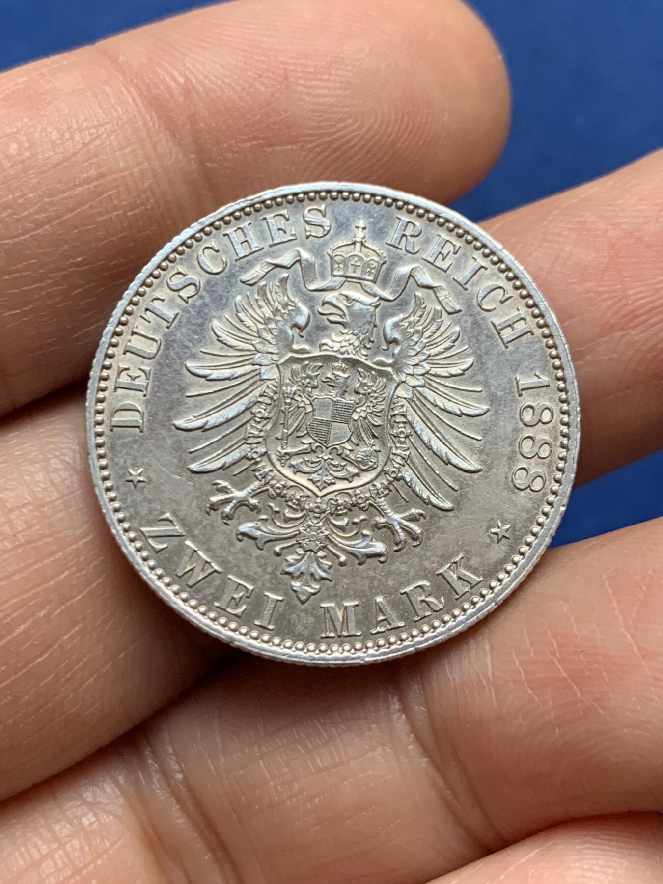 《竞宝斋》第447场 周日，周一，2场连拍 （全场包邮） 德国 普鲁士1888年弗里德里希三世 2马克银币 细节完整 好品