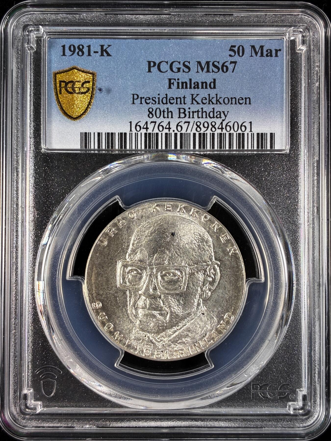 【雨安】【直播拍卖】【世界币章121期-评级币】2025-12-20 周六 19:30 保真 [评级现代] Finland 芬兰 50马克 1981年 总统80岁生日  PCGS-MS67