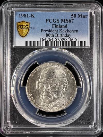 【雨安】【直播拍卖】【世界币章121期-评级币】2025-12-20 周六 19:30 保真 - [评级现代] Finland 芬兰 50马克 1981年 总统80岁生日  PCGS-MS67