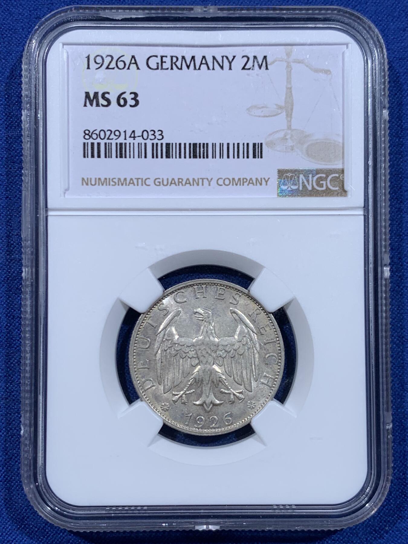 《竞宝斋》第447场 周日，周一，2场连拍 （全场包邮） NGC MS63 德国 1926年 魏玛共和国2马克 银币