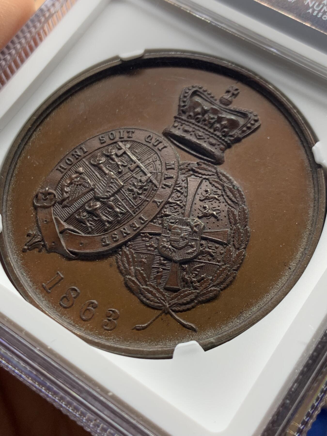 《竞宝斋》第447场 周日，周一，2场连拍 （全场包邮） NGC MS63BN 英国1863年亚历山大公主与阿尔伯特结婚铜章，不错的品种，欢迎收藏。加厚盒