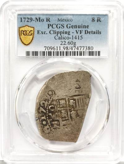 博洋堂世界钱币拍卖第153期（全场包邮） - PCGS VF 墨西哥1729年MO R菲利普五世时期8里亚尔Cob大银币，22.6g，年份厂名非常清晰，国内难得一见的品种