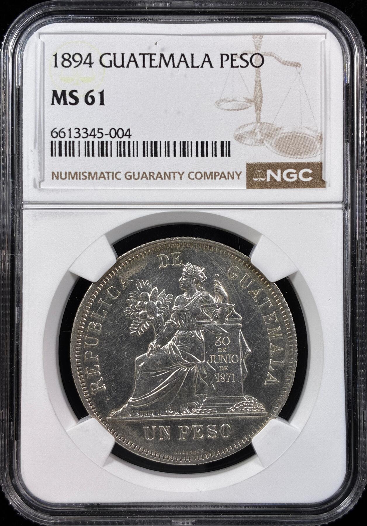 【雨安】【直播拍卖】【世界币章121期-评级币】2025-12-20 周六 19:30 保真 [评级美洲] Guatemala 危地马拉 1比索 KM#0210 (1894-1897) 1894年  NGC-MS61