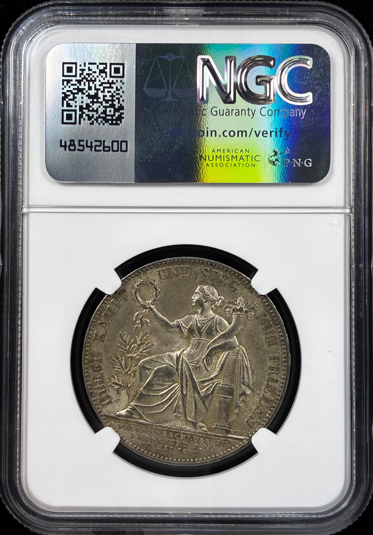 【雨安】【直播拍卖】【世界币章121期-评级币】2025-12-20 周六 19:30 保真 [评级德国] Germany 德国 德意志 1泰勒 Bavaria巴伐利亚 Thun.107 KM#0889 (1871) 普法战争 1871年  NGC-MS62