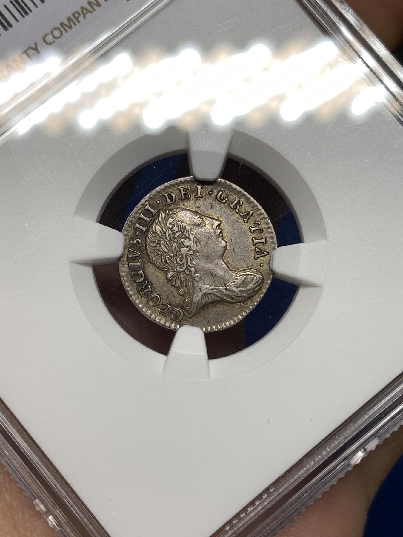 《竞宝斋》第447场 周日，周一，2场连拍 （全场包邮） NGC AU50 英国乔治三世1762年濯足三便士银币，乔治三世的最早一版濯足，细节好品，很少见的品种