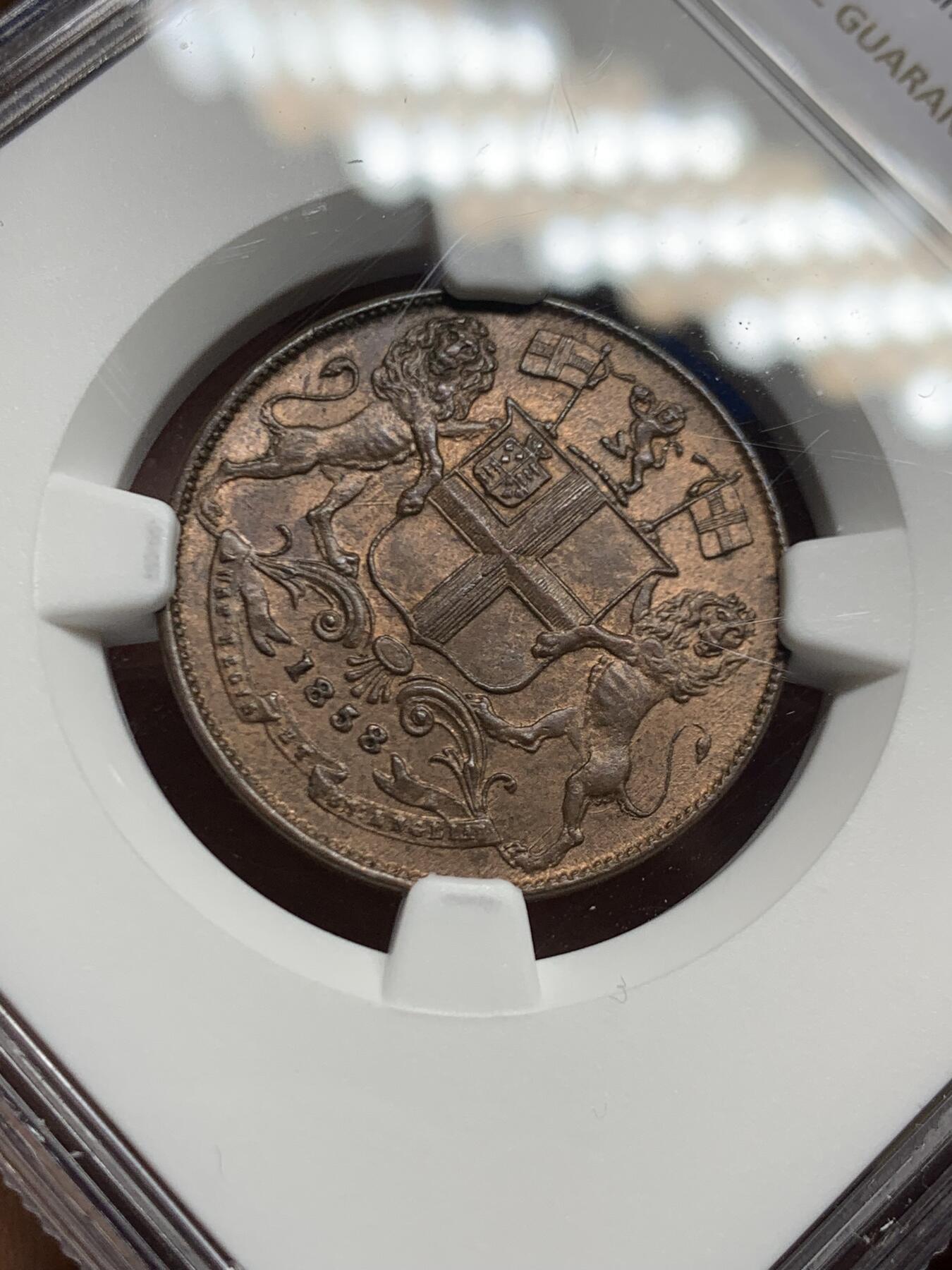 《竞宝斋》第447场 周日，周一，2场连拍 （全场包邮） NGC MS64BN 1858年英属东印度公司1/4安娜，华丽双狮徽章，经典品种，铜光充沛，收藏级品质，今年竞宝斋10.20一枚同分782元成交不含佣金