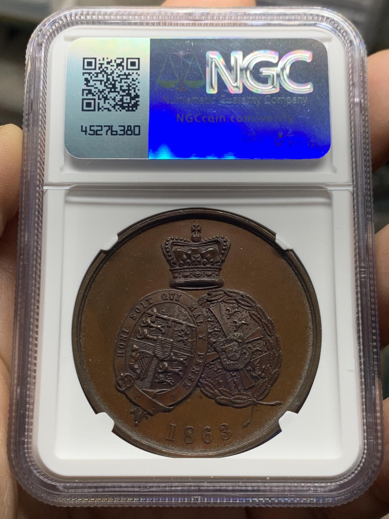 《竞宝斋》第447场 周日，周一，2场连拍 （全场包邮） NGC MS63BN 英国1863年亚历山大公主与阿尔伯特结婚铜章，不错的品种，欢迎收藏。加厚盒