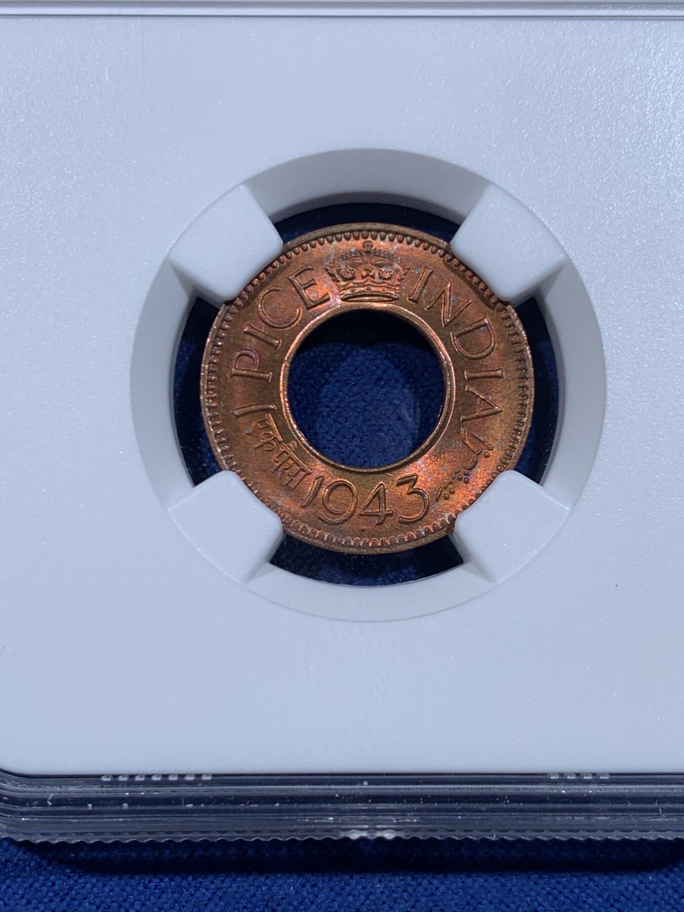 《竞宝斋》第447场 周日，周一，2场连拍 （全场包邮） NGC MS66RB 英属印度 1943年 1PICE 中孔铜币 冠军分