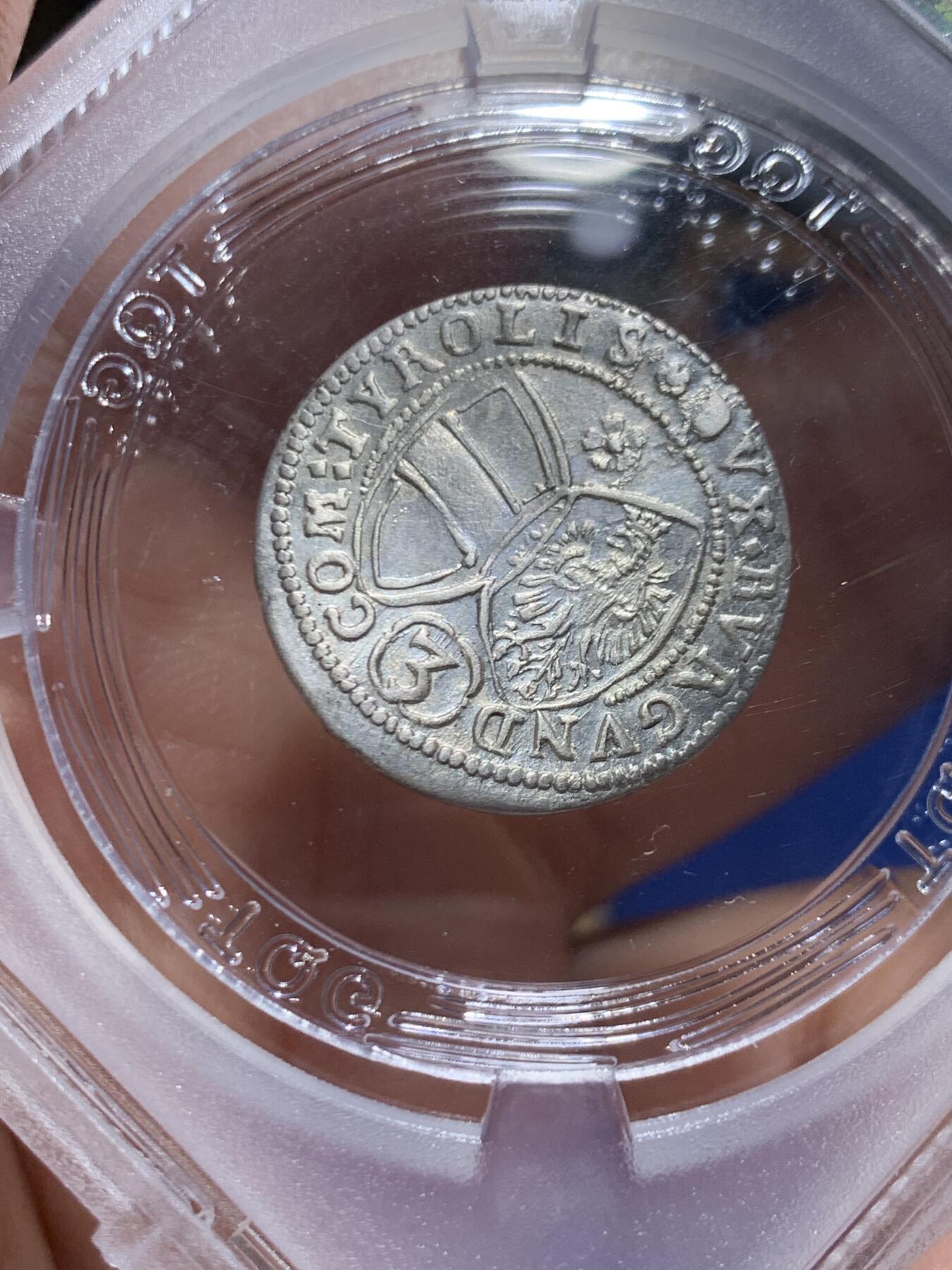 《竞宝斋》第447场 周日，周一，2场连拍 （全场包邮） TQG AU53 神圣罗马帝国 1639年 3克鲁泽银币 币面微弯为打制币常见问题 细节极美 温润转光 神罗币凑品种必备