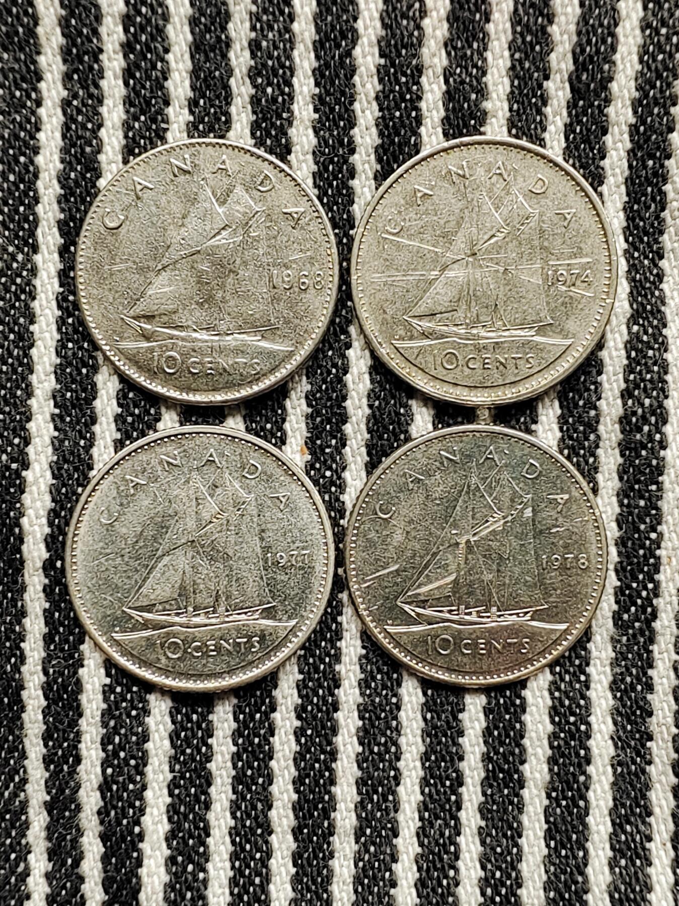 加拿大10分帆船镍币4枚不重复 分币 硬币 收藏  1968/1974/1977/1978