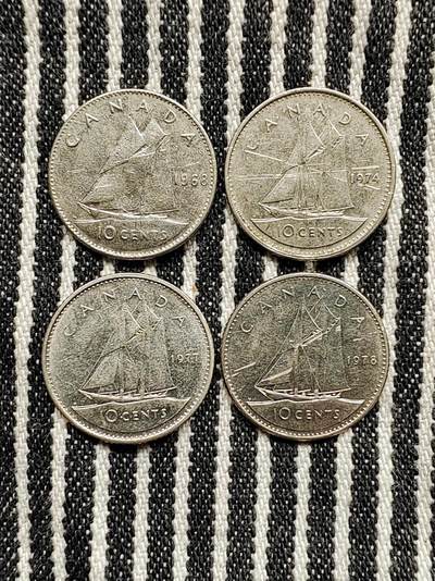 加拿大10分帆船镍币4枚不重复 分币 硬币 收藏  1968/1974/1977/1978 - 加拿大10分帆船镍币4枚不重复 分币 硬币 收藏  1968/1974/1977/1978
